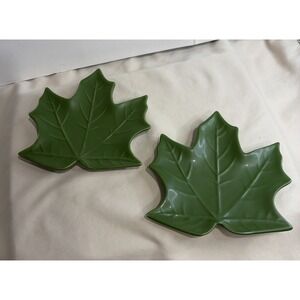 Set of 2 IQ Accessories Green Ceramic Maple Leaf Plates Fall Autumn Thanksgiving